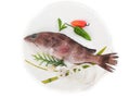 Rooster hind grouper or Pink Grouper decorated on a white plate.Selective focus Royalty Free Stock Photo