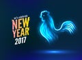 The rooster new year greeting card design template. 2017 new year calendar symbol or rooster, glowing neon light on Royalty Free Stock Photo