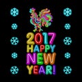 The rooster new year greeting card design template. 2017 new year calendar symbol or rooster, glowing neon light on dark. Royalty Free Stock Photo