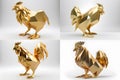 The rooster, one of 12 chinese zodiac animal, standing 4 style with serious face as a low polygon gold model on white background.