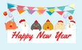 Rooster peeping behind placard, happy new year, chicken background, happy with Happy new year party Vector Illustration