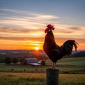Rooster perched on a wooden post at sunrise, crowing. In the background, a red barn Royalty Free Stock Photo
