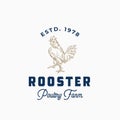 Rooster Poultry Farm Abstract Vector Sign, Symbol or Logo Template. Hand Drawn Rooster Sillhouette with Retro Typography