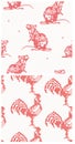 Rooster and Rat - Knitted Pattern in Red Color. Symbol of Chinese Calendar