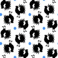 Rooster seamless pattern design with a black silhouette on white background, vector