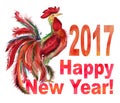 Rooster and sign 2017 Happy New Year . Watercolor painting Royalty Free Stock Photo