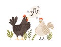 Rooster singing songs for hen. Cute and funny chicken listening to crowing. Colorful flat textured vector illustration Royalty Free Stock Photo