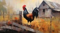 A rooster sits on the fence and crows in the morning on the farm