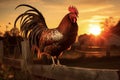 Rooster sitting on the fence against the backdrop of the rising sun