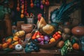 A rooster sitting on top of a pile of fruit and vegetables. AI generative image.