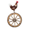 Rooster sitting on a wooden wheel