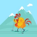 Rooster Skiing in Mountains Cartoon Flat Vector