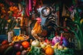 A rooster standing next to a pile of fruit and vegetables. AI generative image.