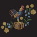 Rooster standing on pumpkin, sunflowers and hepatica flower
