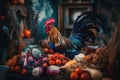 A rooster standing on top of a pile of fruit and vegetables. AI generative image.