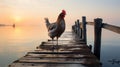 Empathetic Rooster: A Mythological Journey On A Wooden Pier Royalty Free Stock Photo