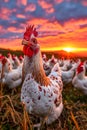 Rooster stands in field with many other chickens around him as the sun sets creating orange sky in the background