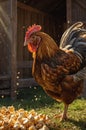 Rooster Enjoying a Feast of Corn in the Farmyard Sunlight Royalty Free Stock Photo