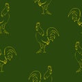 Rooster stylized silhouette seamless pattern, yellow outline bird on a green background