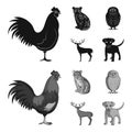 Rooster, tiger, deer, owl and other animals.Animals set collection icons in black,monochrom style vector symbol stock