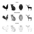 Rooster, tiger, deer, owl and other animals.Animals set collection icons in black,monochrome,outline style vector symbol Royalty Free Stock Photo