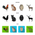 Rooster, tiger, deer, owl and other animals.Animals set collection icons in cartoon,black,flat style vector symbol stock Royalty Free Stock Photo