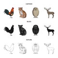 Rooster, tiger, deer, owl and other animals.Animals set collection icons in cartoon,black,outline style vector symbol