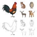 Rooster, tiger, deer, owl and other animals.Animals set collection icons in cartoon,outline style vector symbol stock