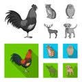 Rooster, tiger, deer, owl and other animals.Animals set collection icons in monochrome,flat style vector symbol stock