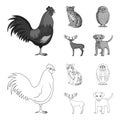 Rooster, tiger, deer, owl and other animals.Animals set collection icons in outline,monochrome style vector symbol stock Royalty Free Stock Photo