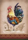 Rooster vintage style illustration. Hand drawn watercolor retro image. Beautiful standing bright rooster vintage style