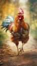a rooster is walking down a dirt road in the woods with a red and blue comb on it\'s head and a red a