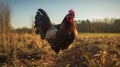 Rooster Walking On One Leg: Lens Flare, Dark Gray And Bronze