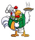 a rooster working as a professional chef is carrying a plate of fresh grilled fish