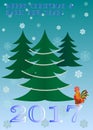 Rooster year new year christmas tree vector card