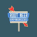 Root beer, hamburgers retro street signboard, vintage banner vector Illustration