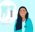 Orthodontist smiling and advertises dental implants.Root canal filling,oral cavity disease and treatment poster.