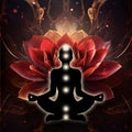 Root chakra meditation in yoga lotus pose, in front of muladhara chakra symbol