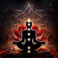Root chakra meditation in yoga lotus pose, in front of muladhara chakra symbol