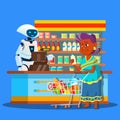 Root Seller In Store With Buyer Near Cashier Vector. Isolated Illustration Royalty Free Stock Photo