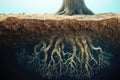 Root system - complex underground structure, enhancing water absorption, plant anatomy, subsoil network, moisture intake Royalty Free Stock Photo