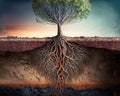 Root system of a tree growing deep through layers of soil and rock, section view. Generative AI illustration