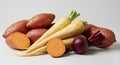Root Vegetable Medley: Sweet Potatoes, Parsnips, and Beetroot on White Background Royalty Free Stock Photo