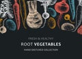 Root vegetables background. Root plants sketches design on chalkboard. Garden vegetable vector banner. Hand-sketched beet, radish