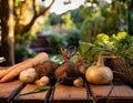 Root Vegetables on a wooden Table, with a garden in the background.