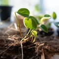 Rooted growth Domestic plant stalk with roots and potted soil