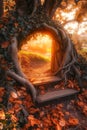Roots and foliage frame the rustic entrance of a magical tree, creating a tranquil fantasy setting