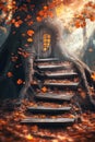 Roots and foliage frame the rustic entrance of a magical tree, creating a tranquil fantasy setting
