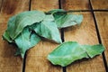 Roots garlic, onion, carrot, bay leaf lying on a wooden table Royalty Free Stock Photo