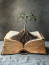 Roots of knowledge intertwine with nature in an old book revealing a captivating metaphor of growth and learning Royalty Free Stock Photo